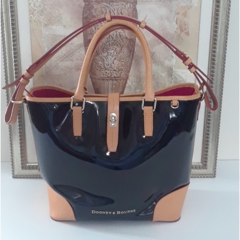 Dooney & Bourke Black Patent Leather and Tan Leather trim tote. Medium to Large.